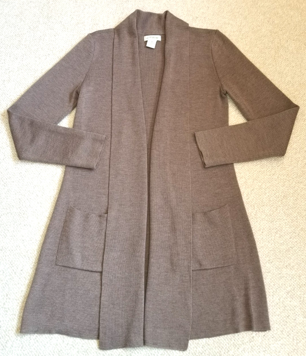 Womens Sweater-ORVIS-brown merino wool open duster long cardigan minimalist-M